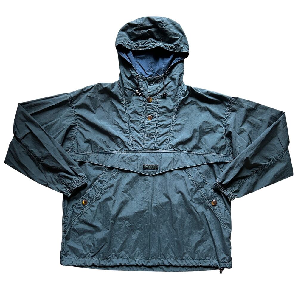 Vintage Columbia Teal Blue Hooded Quarter-Button-Up Pullover Windbreaker Size XL